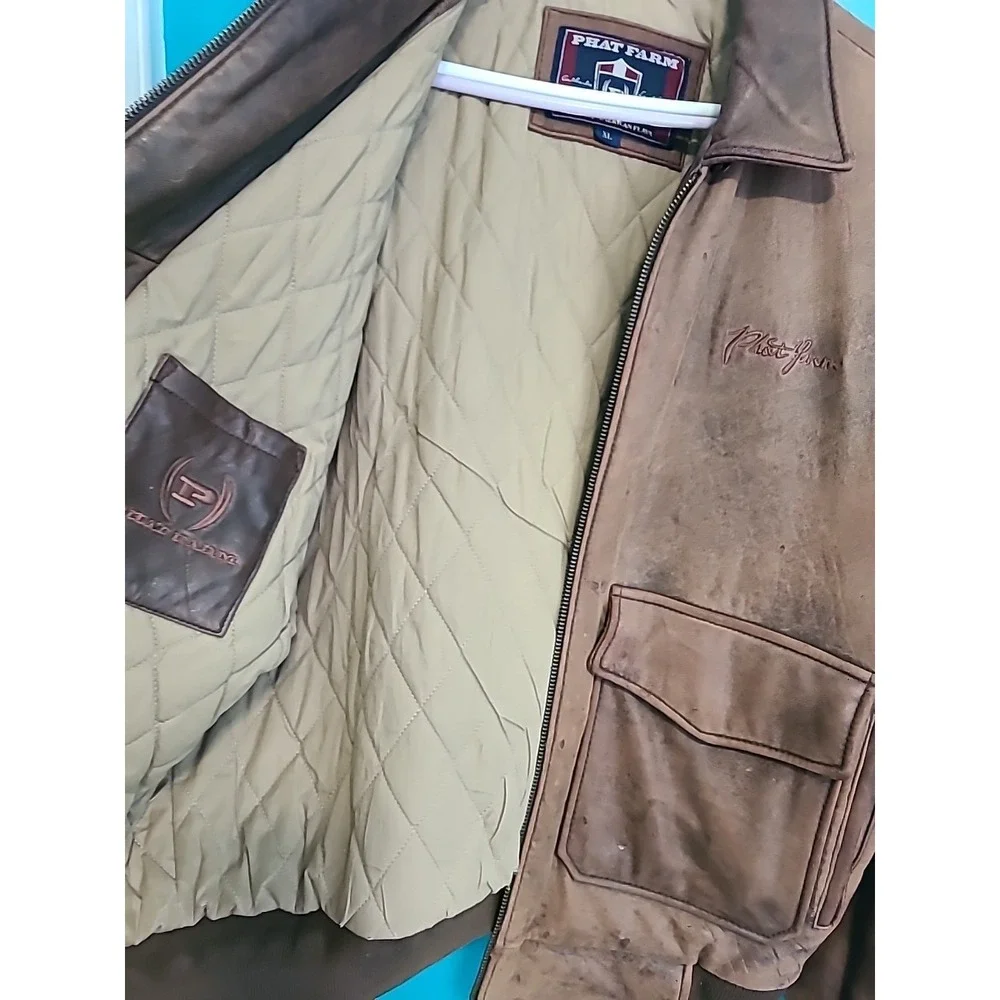 Vintage 90s Y2K Phat Farm mens XL Soft Butter Leather Bomber Jacket  Brown
